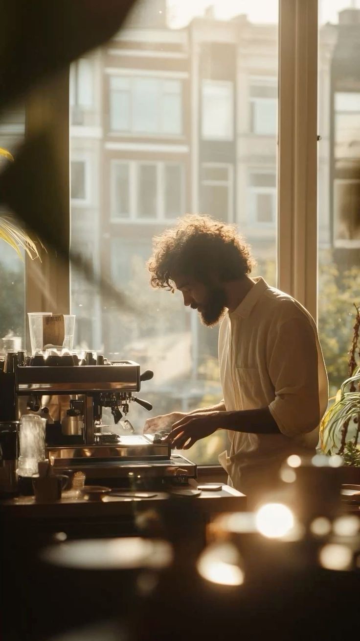 Cafe owner pulling an espresso shot in golden window light