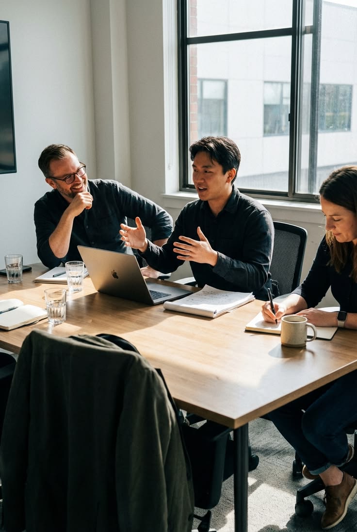 Small business team collaborating around a laptop